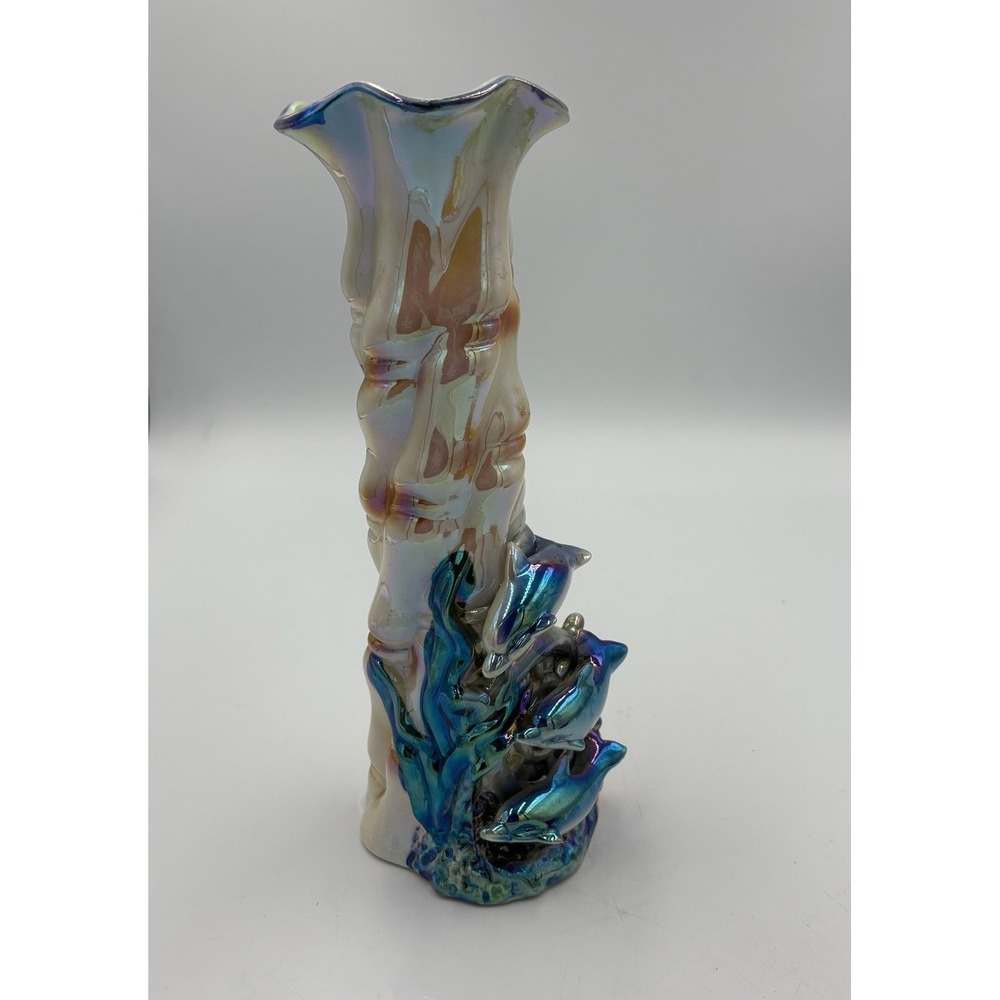 Vintage‎ Iridescent Dolphin Vase B16601 Ocean Scene Sea Life Ceramic 8" Tall
